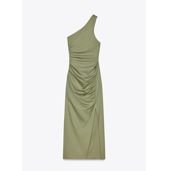 ZARA Assymetric Midi Dress with Linen L/XL Khaki- runs small - Picture 7 of 12